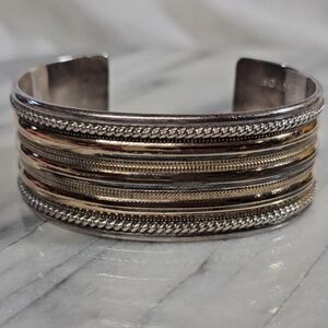 12K Gold Filled striped Rope Silver Wide cuff bracelet signed 129 weight 55 gms